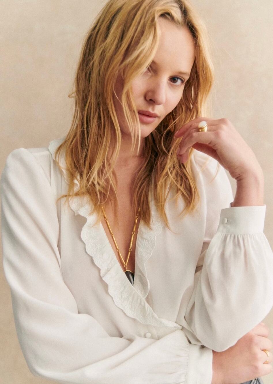 Sezane Rosine Silk Ecru Blouse Shirt Size 8 French Casual NWT
